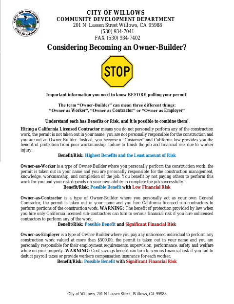 First page of the Owner-Builder Information Flyer