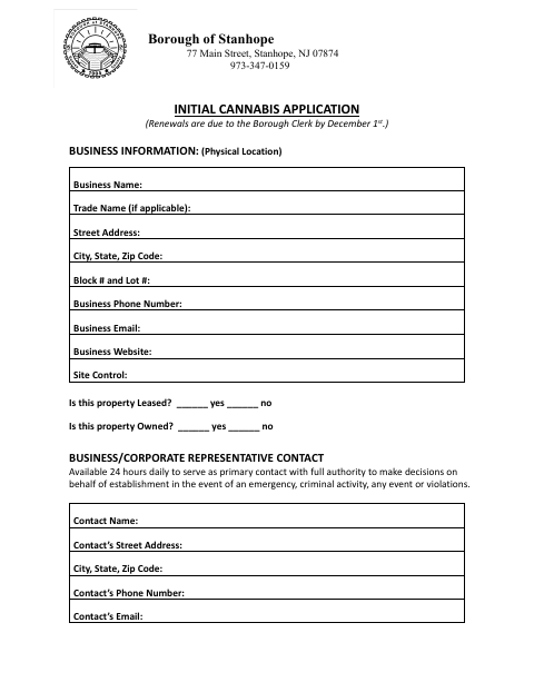 First page of the Initial Cannabis Application