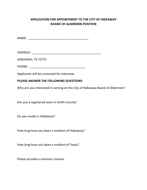 First page of the Application for Appointment to Board of Aldermen Position