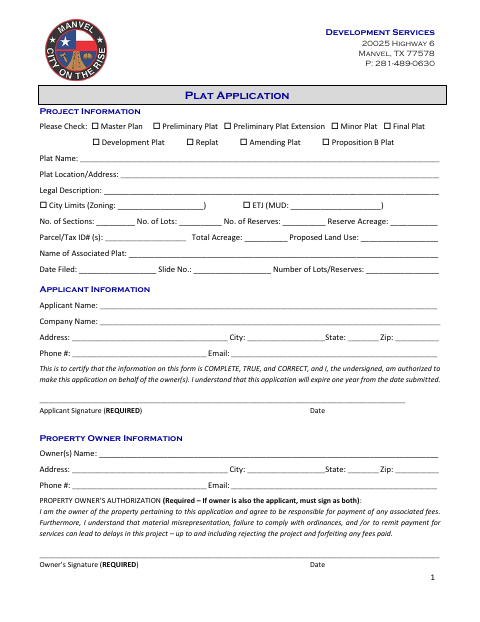First page of the Plat Application