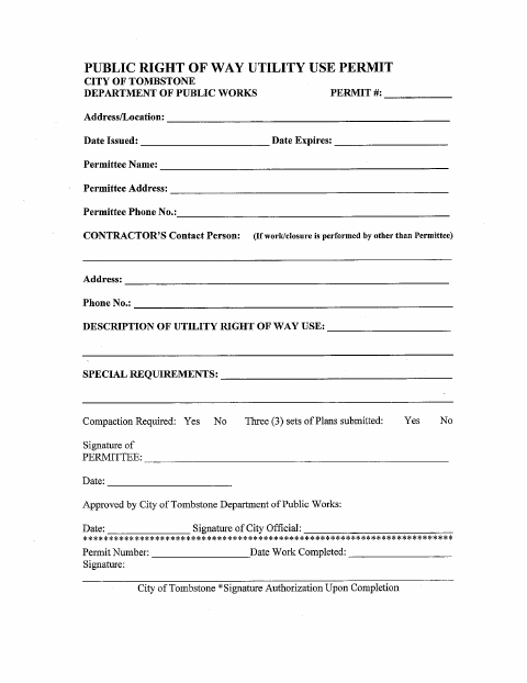 First page of the Public Right of Way Utility Use Permit