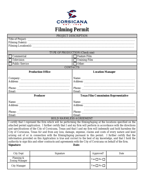 First page of the Filming Permit Application