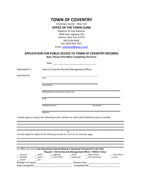 First page of the Application For Public Access To Town Records