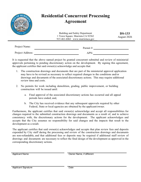 First page of the Residential Concurrent Processing Agreement