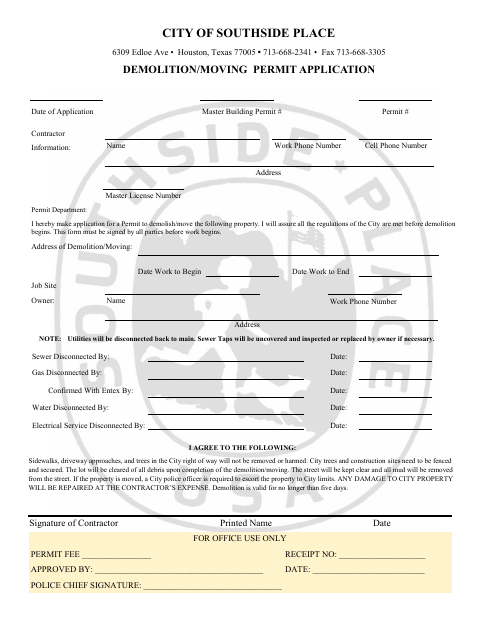 First page of the Demolition/Moving Permit Application