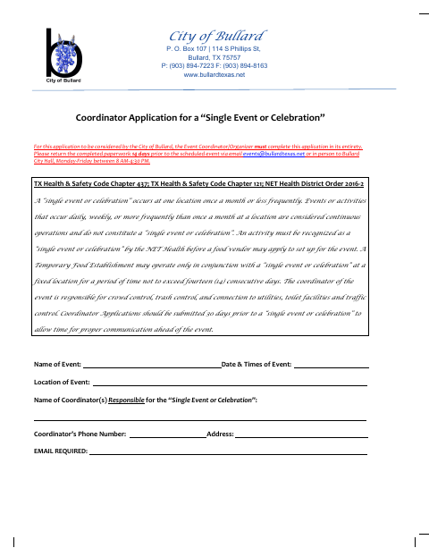 First page of the Event Coordinator Application Without Food Establishment