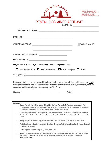 First page of the Rental Disclaimer Affidavit