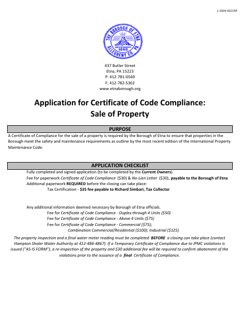 First page of the Application for Certificate of Code Compliance: Sale of Property