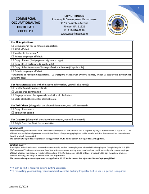 First page of the Commercial Occupational Tax Certificate Packet