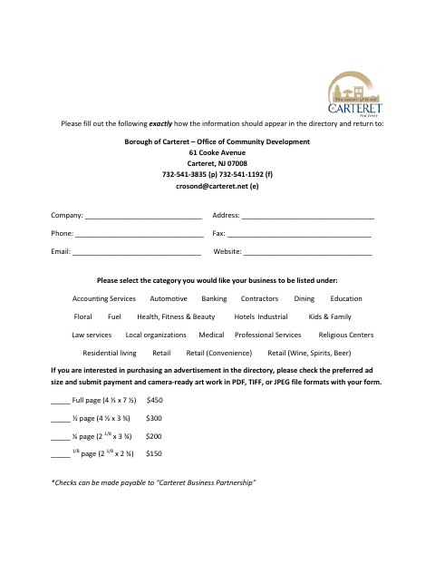 First page of the Business Directory Registration Form