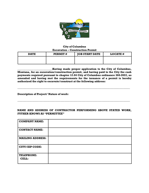 First page of the Excavation – Construction Permit