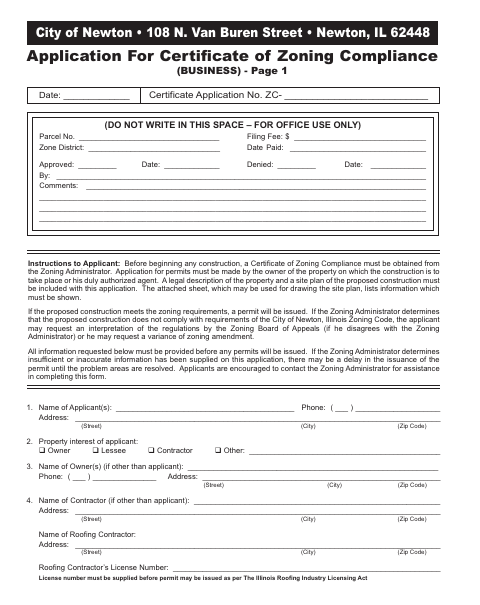 First page of the Application for Certificate of Zoning Compliance (Business)