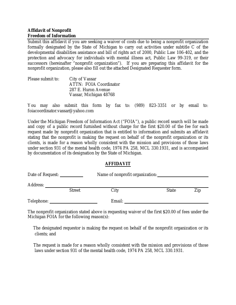 First page of the Affidavit of Nonprofit FOIA Fee Waiver