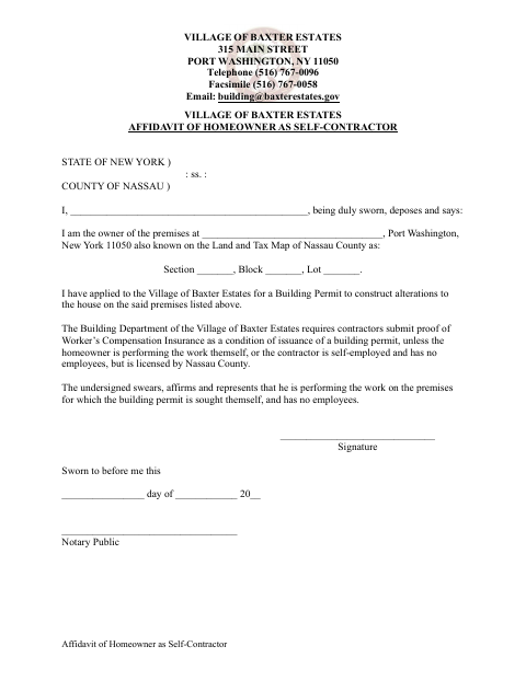 First page of the Affidavit of Homeowner as Self-Contractor