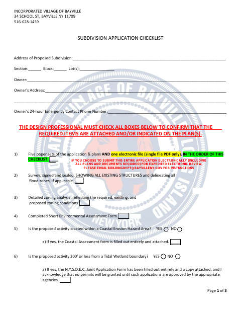 First page of the Subdivision Application