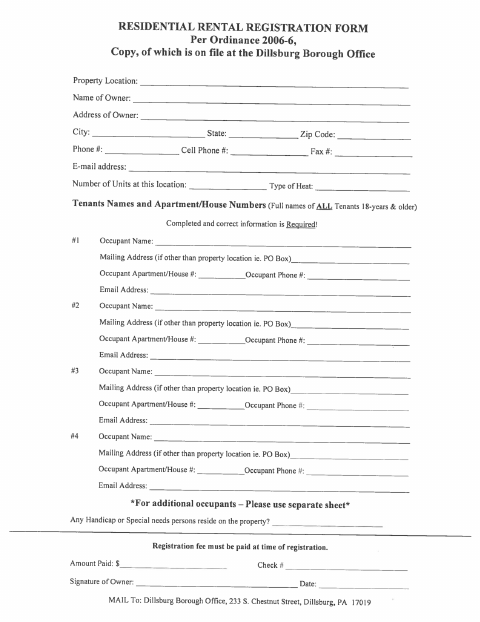 First page of the Residential Rental Registration Form