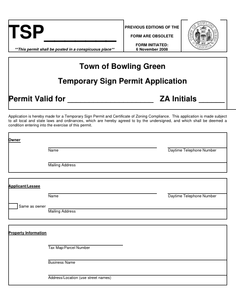 First page of the Temporary Sign Permit Application