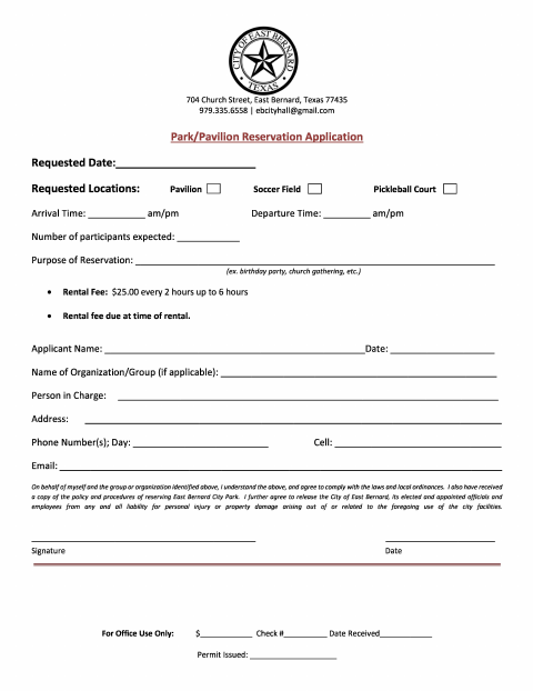 First page of the Park/Pavilion Reservation Application