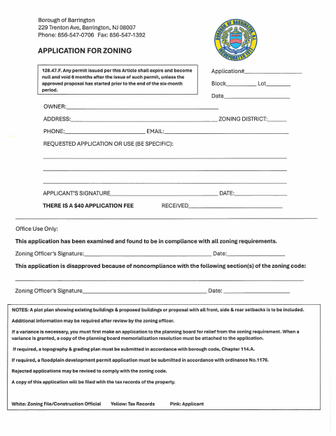 First page of the Zoning Application