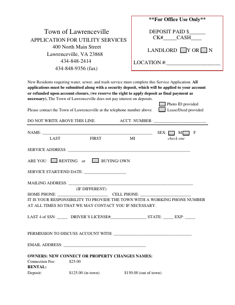 First page of the Application for Utility Services
