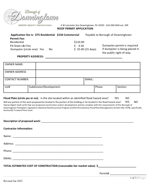 First page of the Roof Permit Application