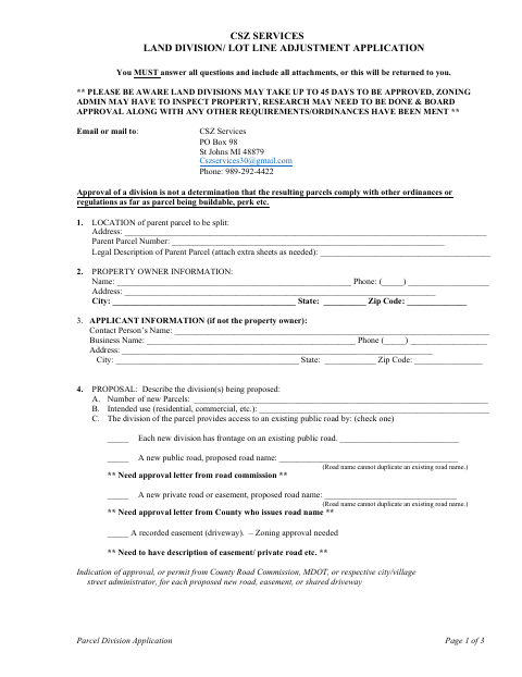 First page of the Land Division/Lot Line Adjustment Application