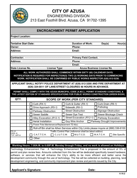 First page of the Roll-Off Encroachment Permit Application