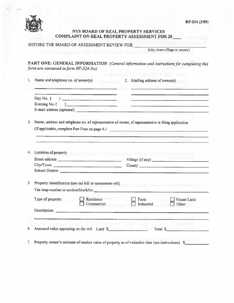 First page of the Complaint on Real Property Assessment RP-524