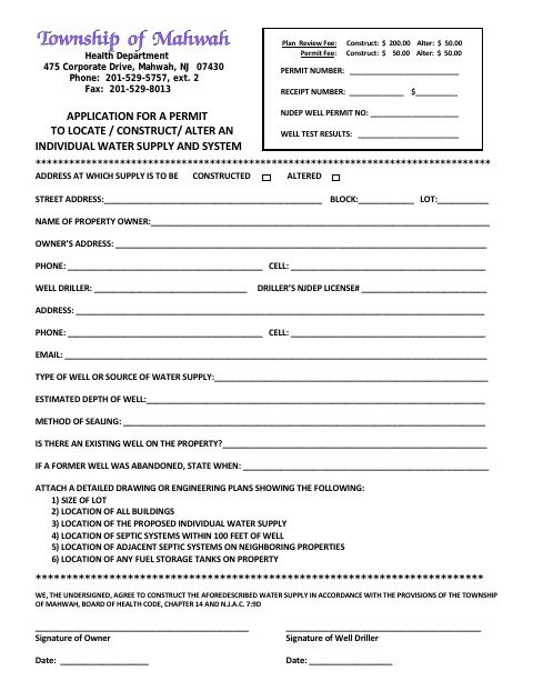 First page of the Individual Water Supply and System Permit Application