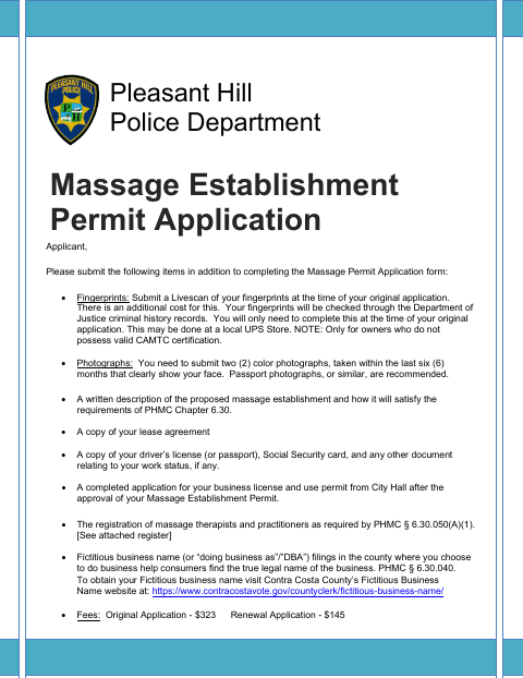 First page of the Massage Establishment Permit Application