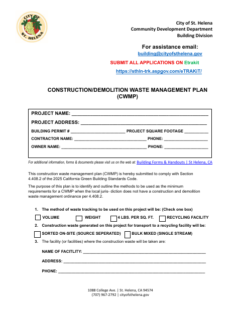 First page of the Construction/Demolition Waste Management Plan (CWMP)