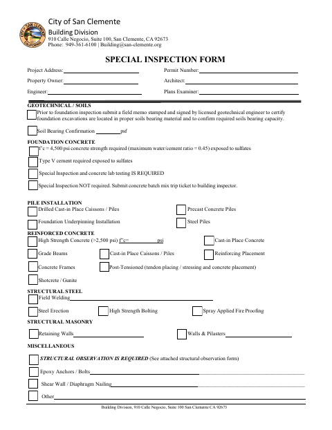 First page of the Special Inspection Form