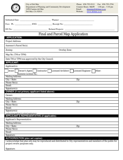 First page of the Final and Parcel Map Application