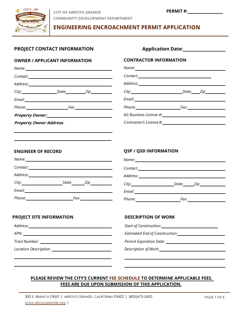 First page of the Encroachment Permit Application