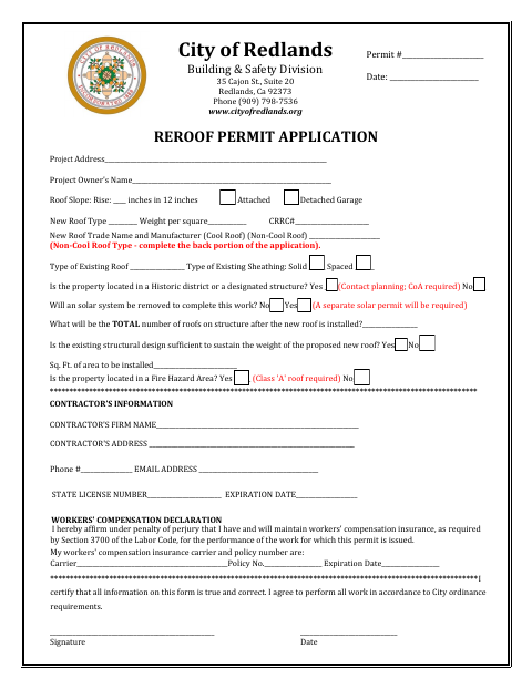 First page of the Re-Roof Permit Application