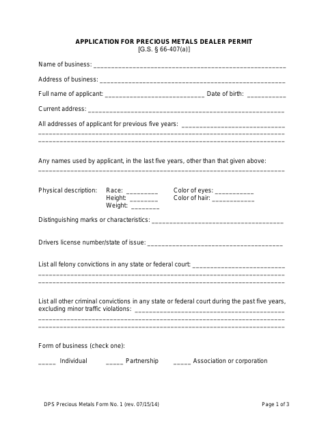 First page of the Precious Metals Dealer Permit Application