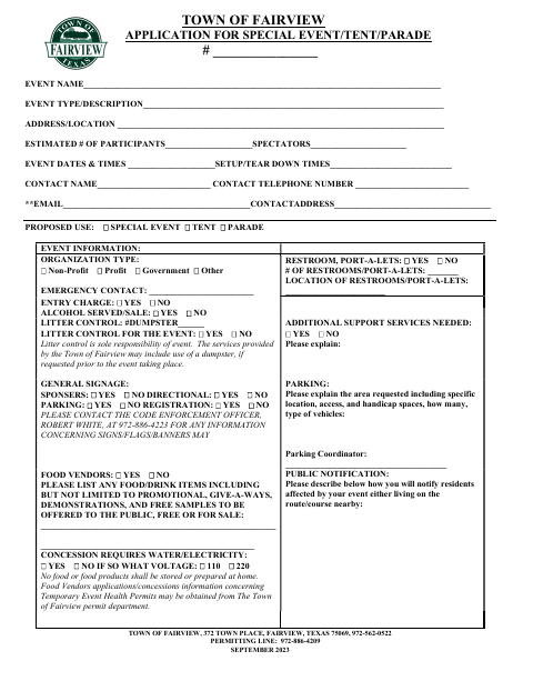 First page of the Application for Special Event/Tent/Parade