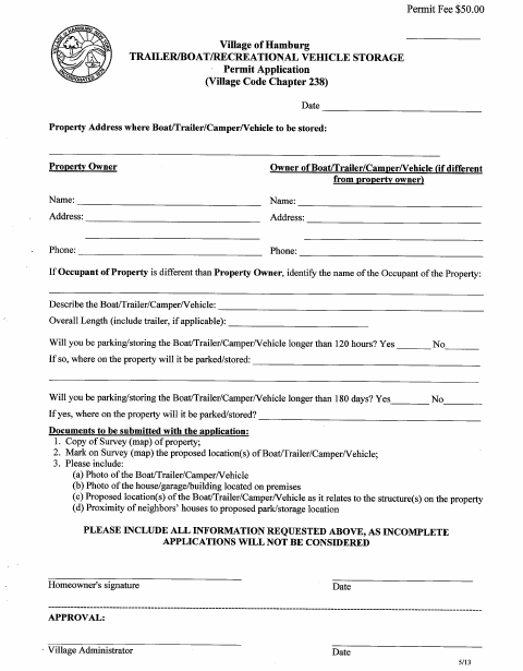 First page of the Trailer/Boat/Recreational Vehicle Storage Permit Application