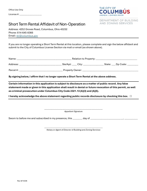 First page of the Short Term Rental Affidavit of Non-Operation