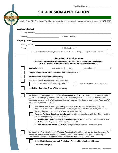 First page of the Subdivision Application