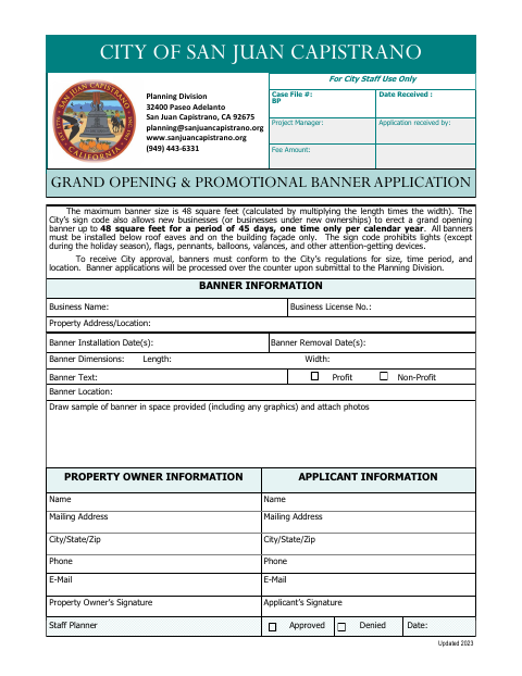 First page of the Grand Opening & Promotional Banner Application