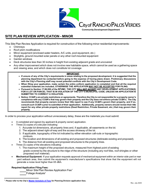 First page of the Minor Site Plan Review Application