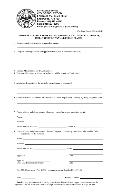 First page of the Temporary Obstructions and Encumbrances Application