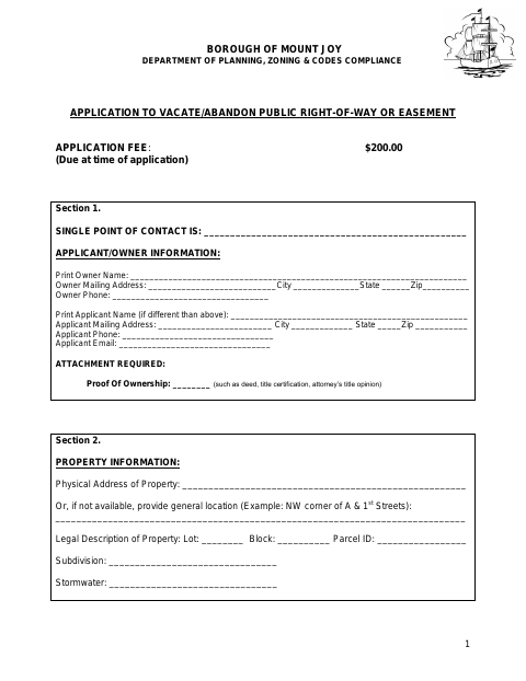 First page of the Application to Vacate or Abandon Public Right-of-Way or Easement