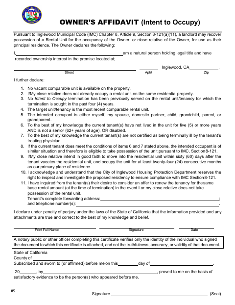 First page of the Owner’s Affidavit of Intent to Occupy