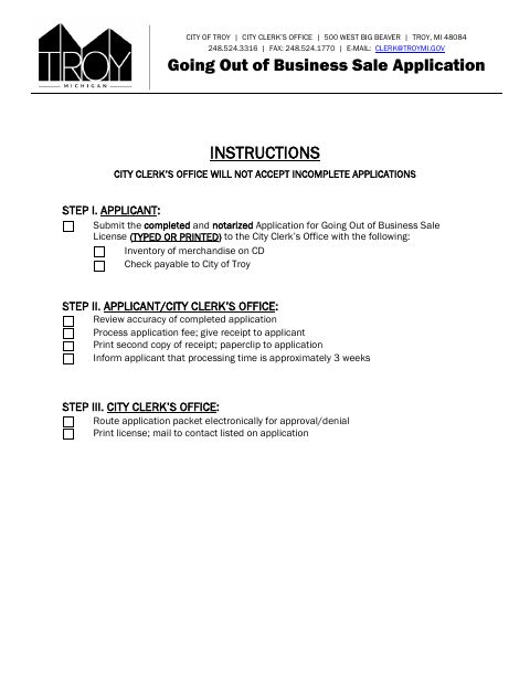 First page of the Going Out of Business Sale Application