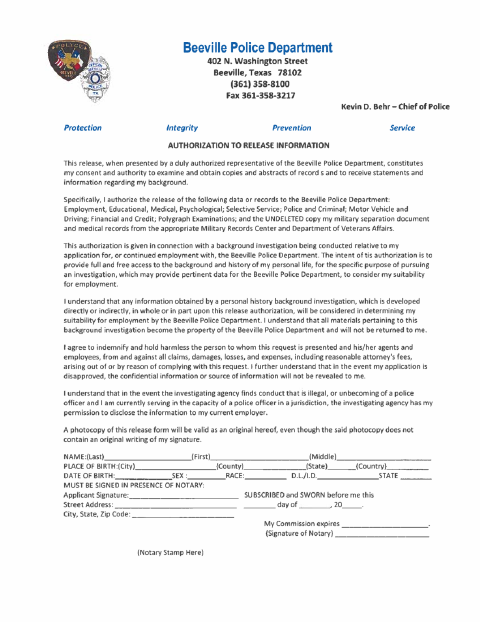 First page of the Authorization to Release Information