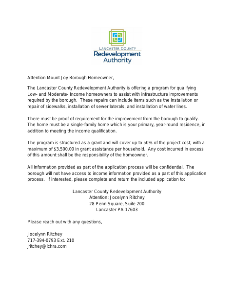 First page of the Homeowner Improvement Grant Application