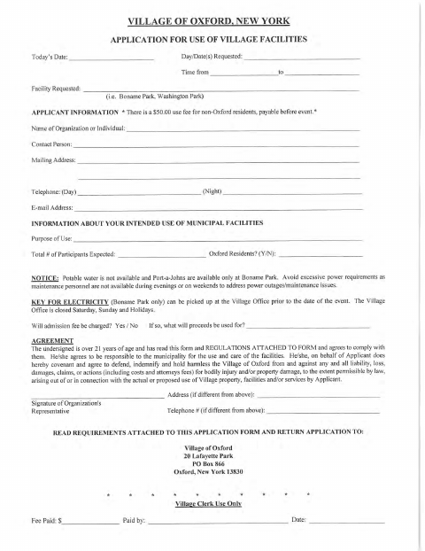 First page of the Application for Use of Village Facilities