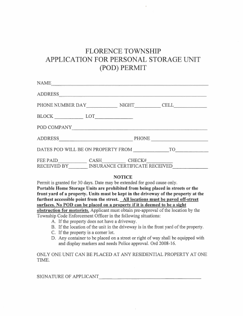 First page of the Personal Storage Unit (POD) Permit Application